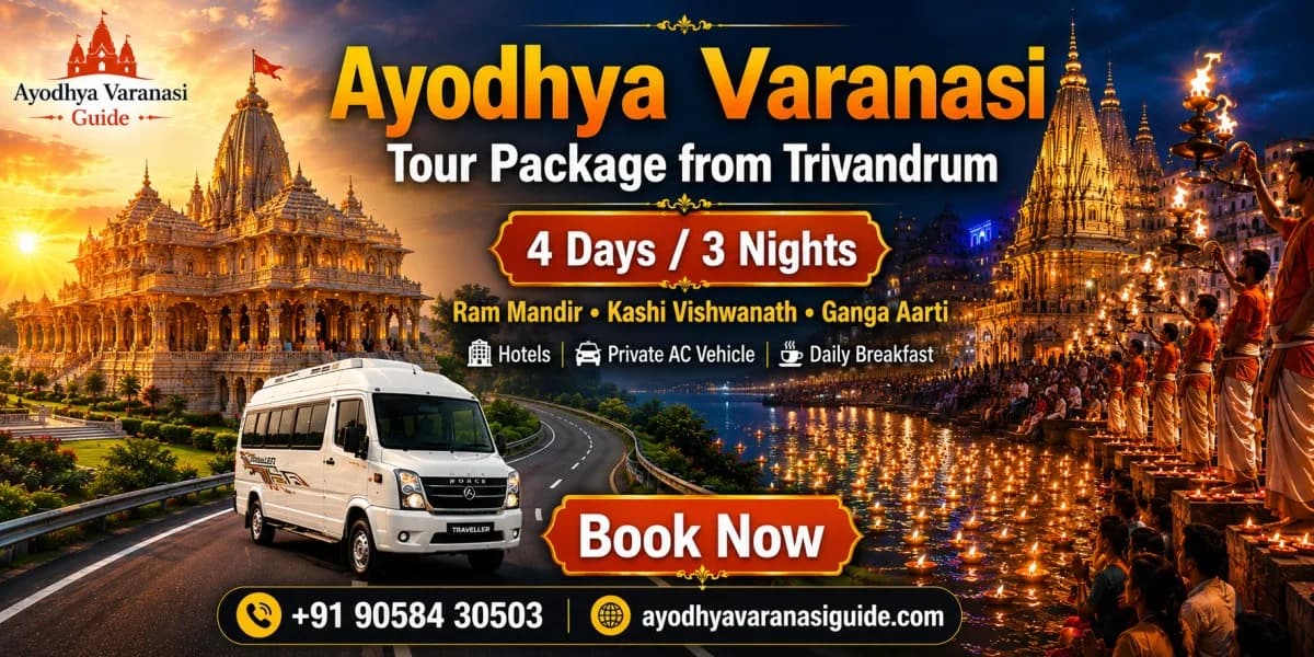 Ayodhya Varanasi Tour Package from Trivandrum – 4 Days 3 Nights featuring Ram Mandir, Kashi Vishwanath Temple, Ganga Aarti, private AC vehicle, hotels and daily breakfast by Ayodhya Varanasi Guide.