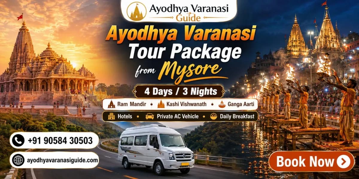 Ayodhya Varanasi Tour Package from Mysore featuring Shri Ram Janmabhoomi (Ram Mandir), Kashi Vishwanath Temple, Ganga Aarti, 4 Days 3 Nights pilgrimage tour with hotels, private AC transport and sightseeing by Ayodhya Varanasi Guide.