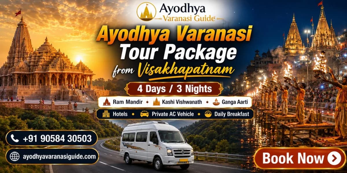 Ayodhya Varanasi Tour Package from Visakhapatnam featuring Shri Ram Janmabhoomi (Ram Mandir), Kashi Vishwanath Temple, Ganga Aarti, 4 Days 3 Nights pilgrimage tour with hotels, private AC transport and sightseeing by Ayodhya Varanasi Guide.