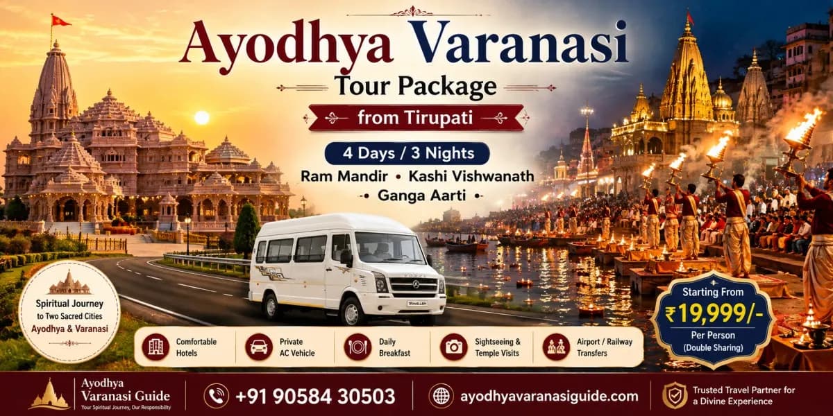 Ayodhya Varanasi Tour Package from Tirupati featuring Shri Ram Janmabhoomi (Ram Mandir), Kashi Vishwanath Temple, Ganga Aarti, 4 Days 3 Nights pilgrimage tour with hotels, private AC transport and sightseeing by Ayodhya Varanasi Guide.