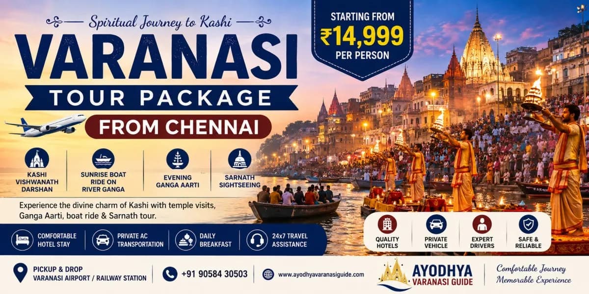 Varanasi Tour Package from Chennai featuring Kashi Vishwanath Temple, Ganga Aarti at Dashashwamedh Ghat, sunrise Ganga boat ride and Sarnath sightseeing.