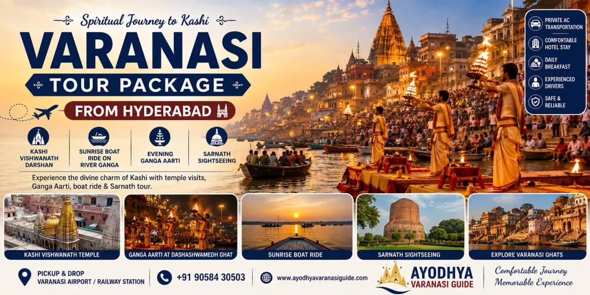 Varanasi Tour Package from Hyderabad featuring Kashi Vishwanath Temple, Ganga Aarti at Dashashwamedh Ghat, sunrise Ganga boat ride and Sarnath sightseeing.