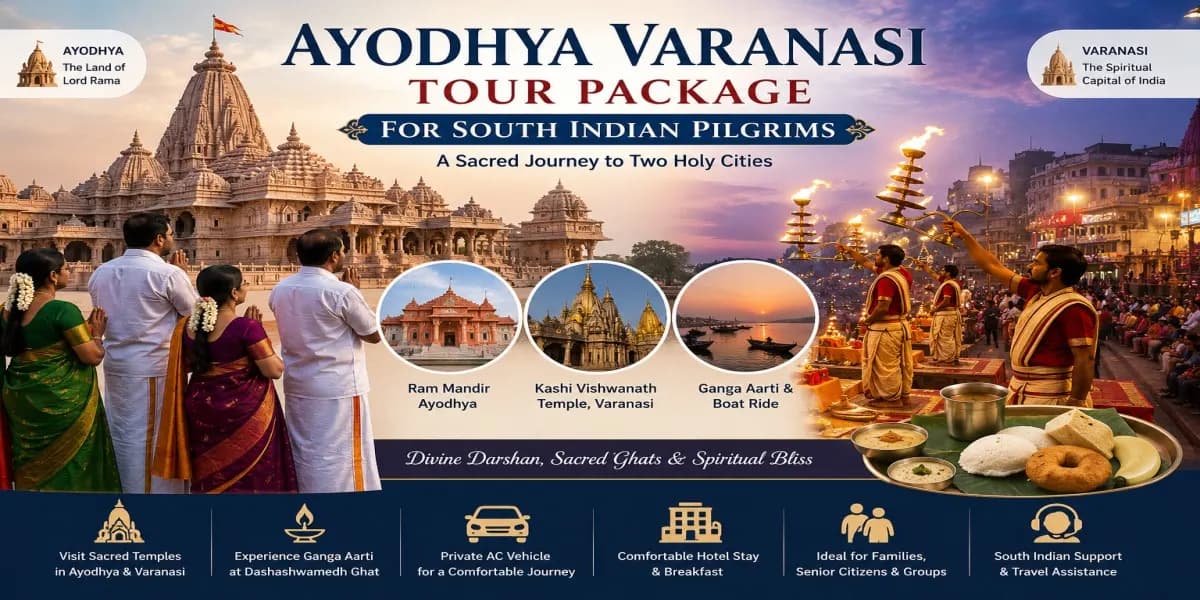 Ayodhya Varanasi Tour Package for South Indian Pilgrims featuring Ram Mandir, Kashi Vishwanath Temple, Ganga Aarti and sacred pilgrimage experiences.