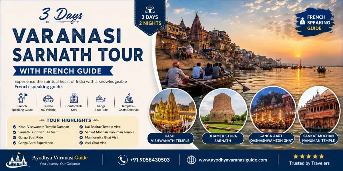 3 Days Varanasi Sarnath Tour with French Guide featuring Kashi Vishwanath Temple, Ganga boat ride, Ganga Aarti, Sarnath Dhamek Stupa and major Varanasi attractions.
