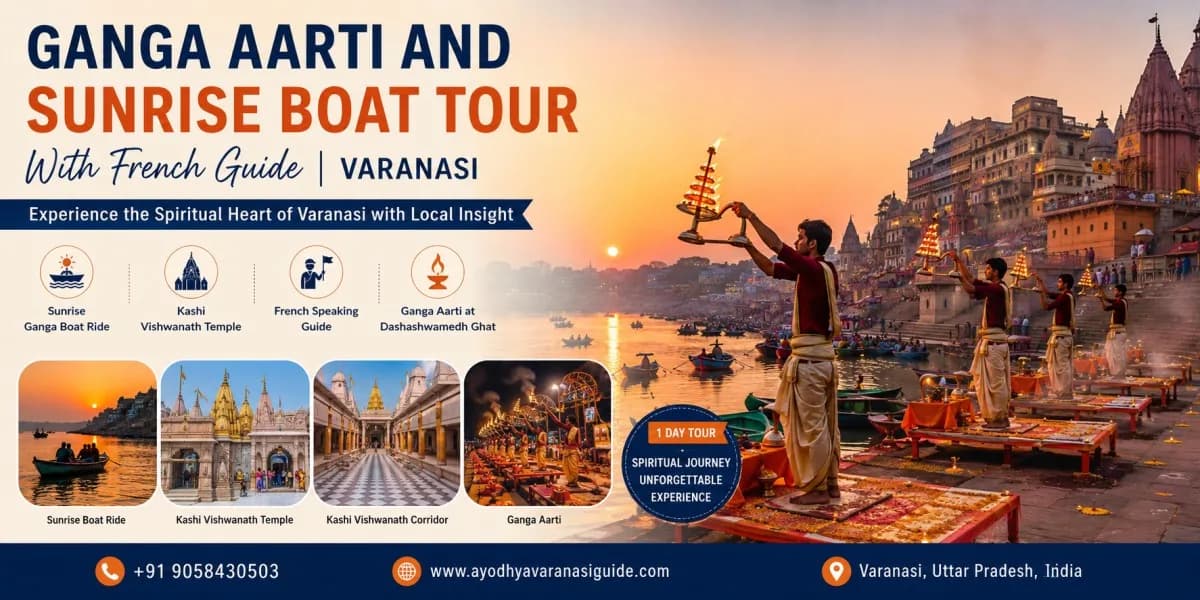 Ganga Aarti and Sunrise Boat Tour with French Guide in Varanasi featuring the Ganga, Kashi Vishwanath Temple, sunrise boat ride and Dashashwamedh Ghat Aarti.