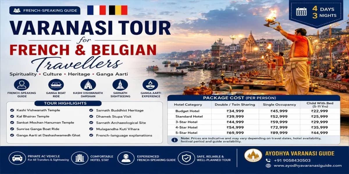 Varanasi Tour for French and Belgian Travellers featuring a French-speaking guide, Kashi Vishwanath Temple, Ganga boat ride, Sarnath sightseeing and Ganga Aarti.