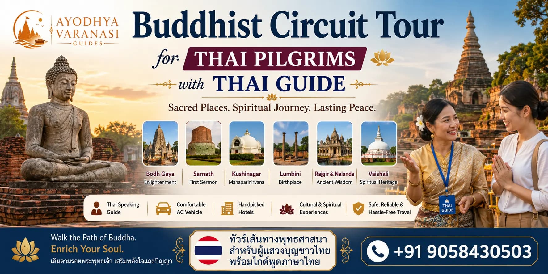 Buddhist Circuit Tour for Thai Pilgrims with Thai Guide — Wat Thai Bodhgaya and Mahabodhi Temple, Ayodhya Varanasi Guides