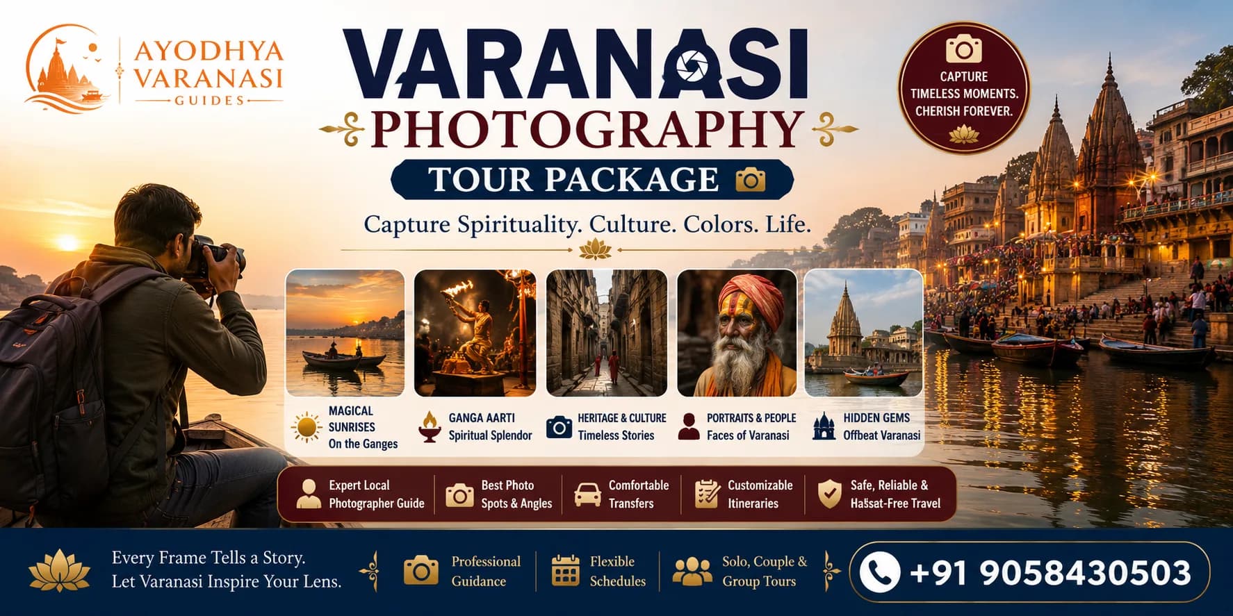 Varanasi Photography Tour Package — sunrise boat shoot on the Ganges and Ganga Aarti at Dashashwamedh Ghat, Ayodhya Varanasi Guides