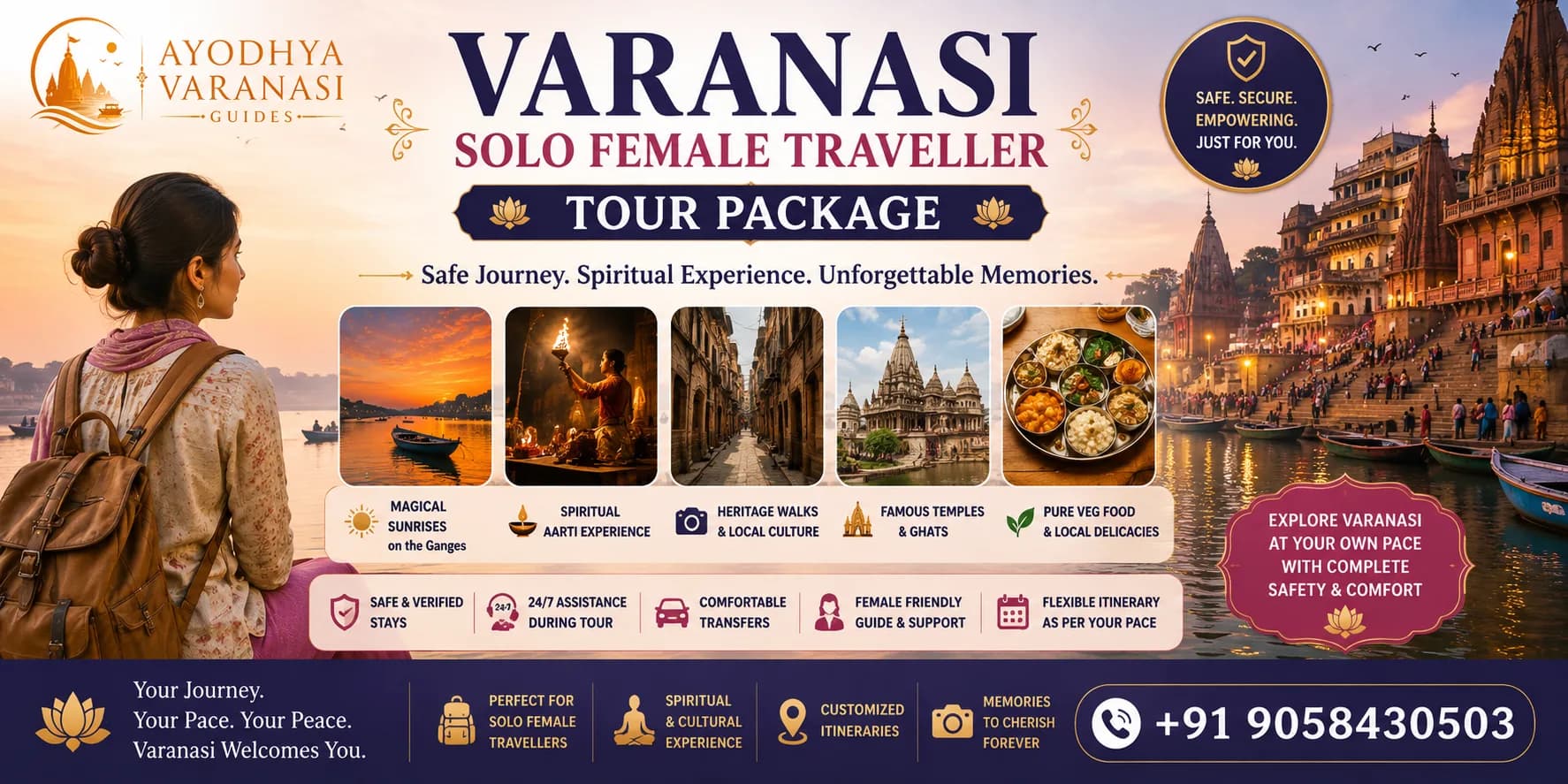 Varanasi Solo Female Traveller Tour Package — Ganga Aarti at Dashashwamedh Ghat with a female guide, Ayodhya Varanasi Guides